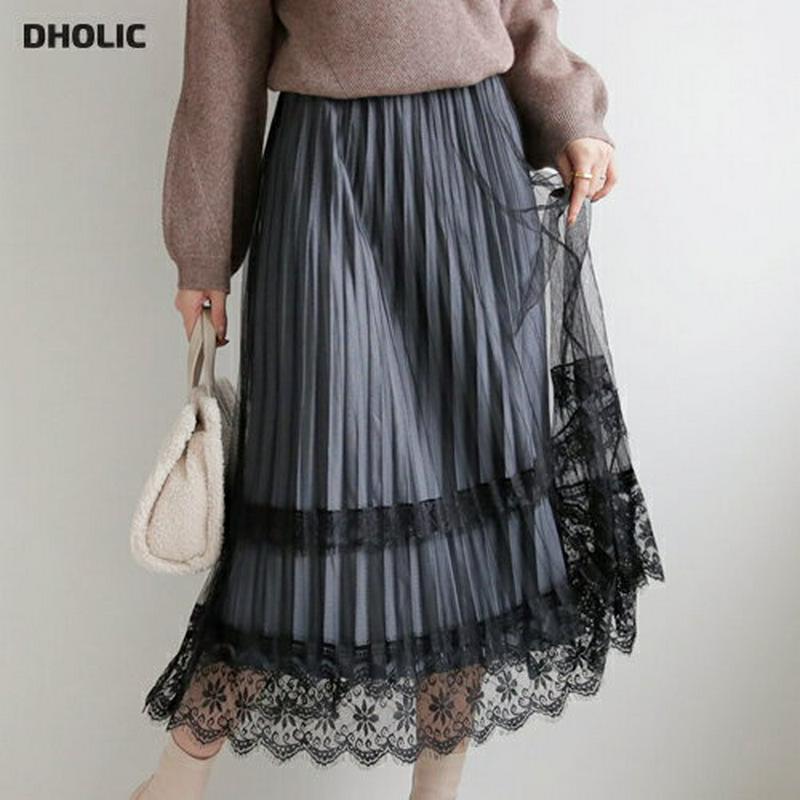 リバーシブルベロアスカート・全4色・b65343 レディース 【sk】【スカート ロング ロングスカート ベロア ベロアスカート レース 総レース 透け感 フェミニン シースルー シアー ウエストゴム 秋 冬 韓国 ファッション】【ハイホリHIHOLLI】