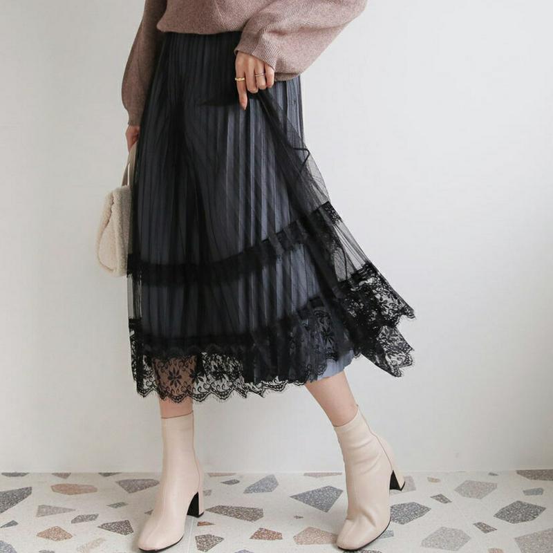 リバーシブルベロアスカート・全4色・b65343 レディース 【sk】【スカート ロング ロングスカート ベロア ベロアスカート レース 総レース 透け感 フェミニン シースルー シアー ウエストゴム 秋 冬 韓国 ファッション】【ハイホリHIHOLLI】