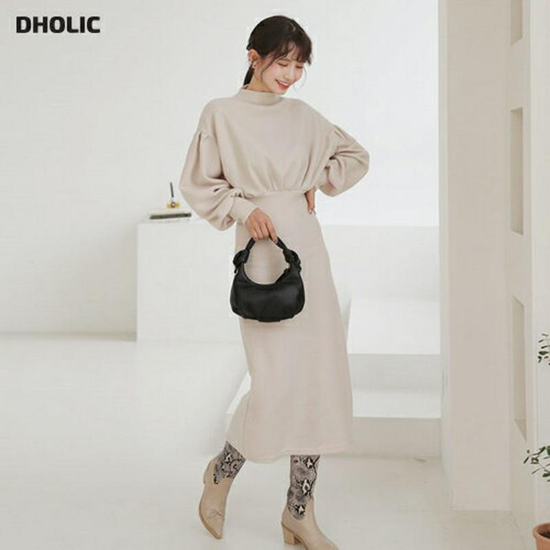 【只今10%OFF】モックネックパフワンピース・全3色・b61969 レディース 【ops】【韓国 ファッション ワンピース ロング Aライン 長袖 モックネック ハーフネック ぼわん袖 パフスリーブ ボリュームスリーブ きれいめ カジュアル 秋 冬】