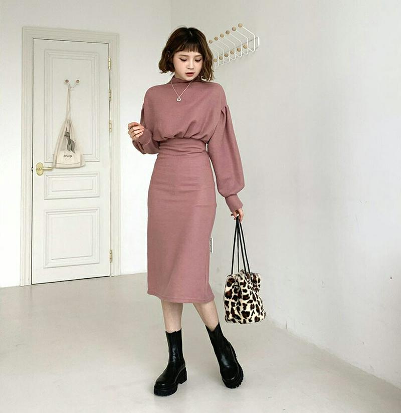 【只今10%OFF】モックネックパフワンピース・全3色・b61969 レディース 【ops】【韓国 ファッション ワンピース ロング Aライン 長袖 モックネック ハーフネック ぼわん袖 パフスリーブ ボリュームスリーブ きれいめ カジュアル 秋 冬】