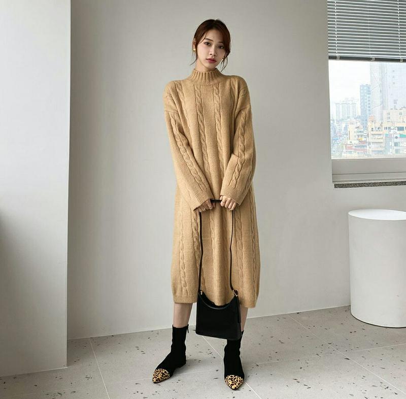 【新作10%OFF】ツイストスリットワンピース・全3色・t65322 レディース 【ops】【ワンピース ミディ丈 ミディワンピース 長袖 ツイスト スリット 大人 カジュアル ハーフネック 秋 冬 韓国 ファッション】【ハイホリHIHOLLI】