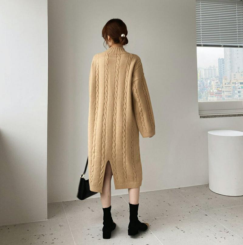 【新作10%OFF】ツイストスリットワンピース・全3色・t65322 レディース 【ops】【ワンピース ミディ丈 ミディワンピース 長袖 ツイスト スリット 大人 カジュアル ハーフネック 秋 冬 韓国 ファッション】【ハイホリHIHOLLI】