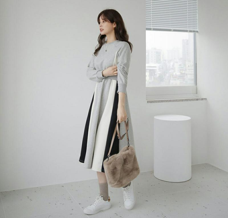 ≪人気商品再入荷≫裏起毛配色ワンピース・全2色・b65324 レディース 【ops】ワンピース ロングワンピース 長袖 裏起毛 配色 ウエストゴム ラグランスリーブ カジュアル ラフ 冬 韓国 ファッション ハイホリHIHOLLI