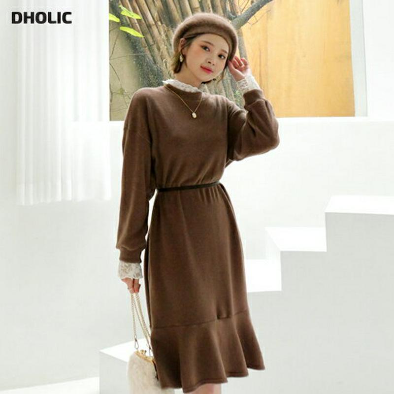 【新作10%OFF】起毛レースネックワンピース・全3色・b56308 レディース 【ops】【韓国 ファッション ワンピース ミディ ミディアム ミドル 膝丈 フレア Aライン 膝下 長袖 レースネック モックネック ハーフネック かわいい きれいめ カジュアル 秋 冬】