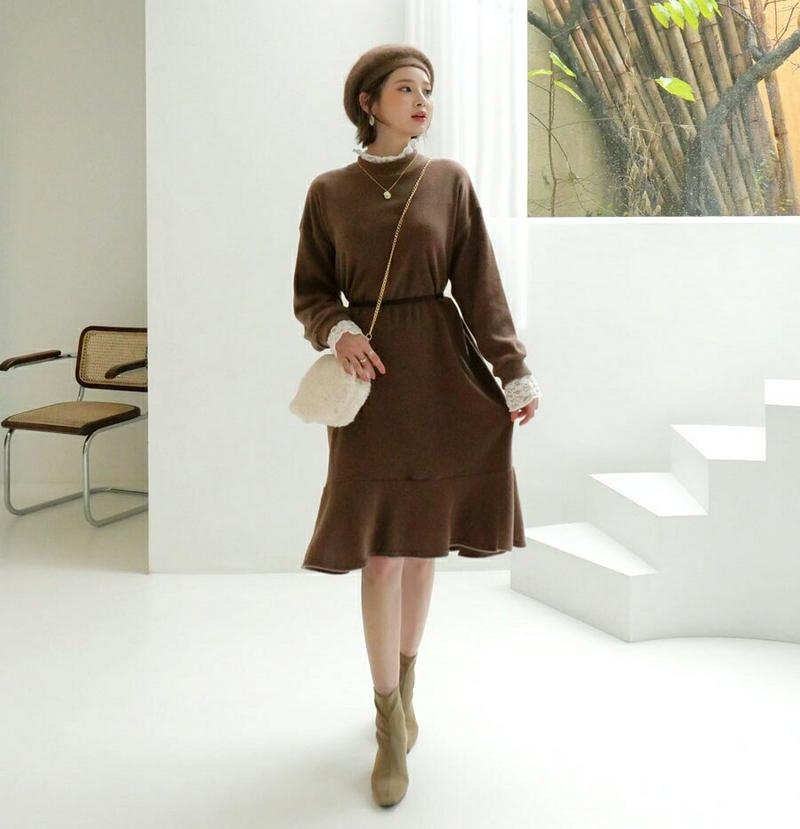 【新作10%OFF】起毛レースネックワンピース・全3色・b56308 レディース 【ops】【韓国 ファッション ワンピース ミディ ミディアム ミドル 膝丈 フレア Aライン 膝下 長袖 レースネック モックネック ハーフネック かわいい きれいめ カジュアル 秋 冬】