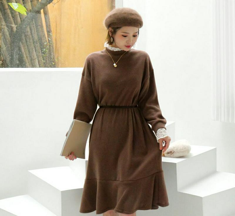 【新作10%OFF】起毛レースネックワンピース・全3色・b56308 レディース 【ops】【韓国 ファッション ワンピース ミディ ミディアム ミドル 膝丈 フレア Aライン 膝下 長袖 レースネック モックネック ハーフネック かわいい きれいめ カジュアル 秋 冬】