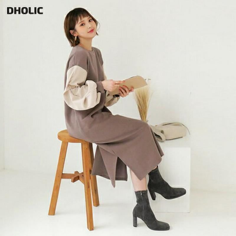 裏起毛タックスリーブワンピース・全2色・b56309 レディース 【ops】【韓国 ファッション ワンピース ロング Hライン ラウンドネック 長袖 パフスリーブ ぼわん袖 ボリューム袖 カットソー Tシャツ スウェット カジュアル 秋 冬】