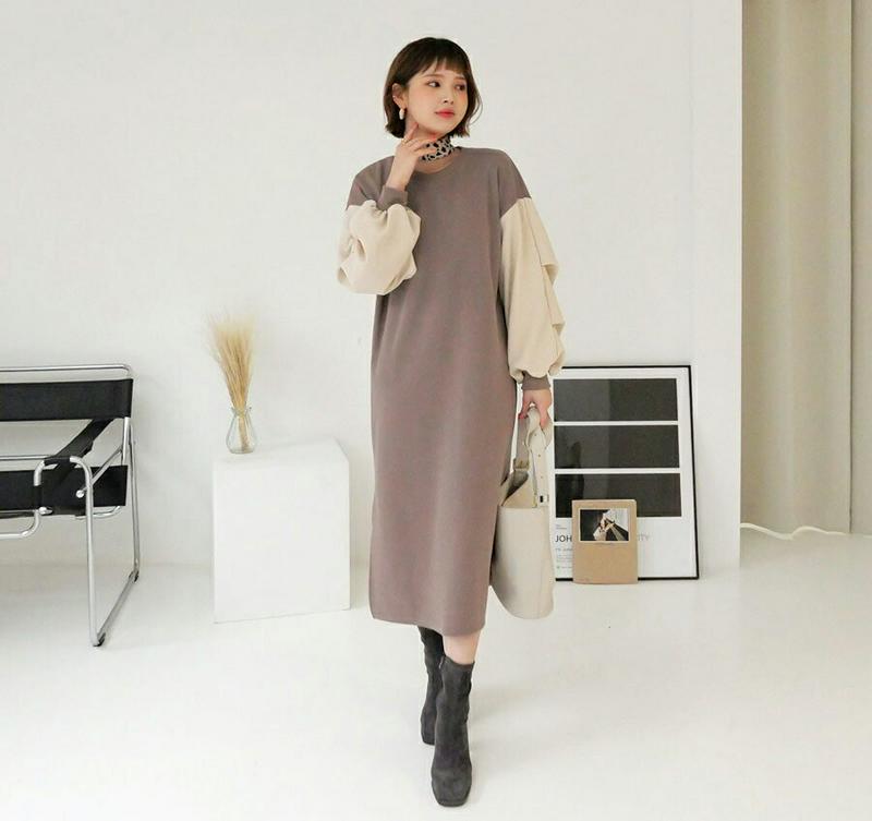 裏起毛タックスリーブワンピース・全2色・b56309 レディース 【ops】【韓国 ファッション ワンピース ロング Hライン ラウンドネック 長袖 パフスリーブ ぼわん袖 ボリューム袖 カットソー Tシャツ スウェット カジュアル 秋 冬】