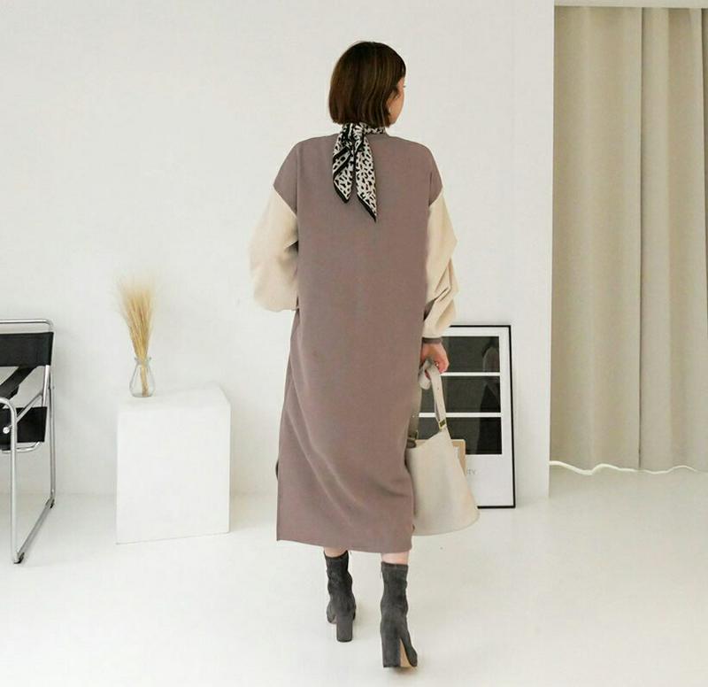 裏起毛タックスリーブワンピース・全2色・b56309 レディース 【ops】【韓国 ファッション ワンピース ロング Hライン ラウンドネック 長袖 パフスリーブ ぼわん袖 ボリューム袖 カットソー Tシャツ スウェット カジュアル 秋 冬】