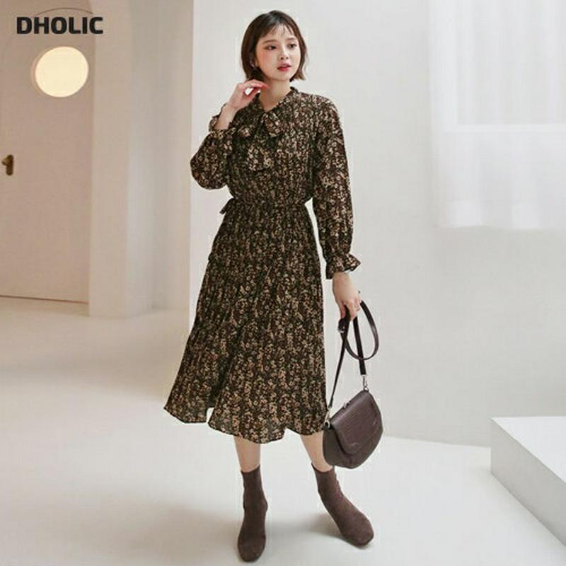 裏起毛ストラップ付花柄ワンピース・全2色・b56311 レディース 【ops】【韓国 ファッション ワンピース ロング Hライン フレア Aライン 腰ひも ストラップ ボウタイ ネックリボン 小花柄 長袖 パターン カジュアル 秋 冬】