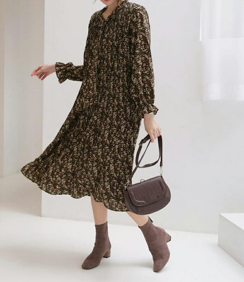 裏起毛ストラップ付花柄ワンピース・全2色・b56311 レディース 【ops】【韓国 ファッション ワンピース ロング Hライン フレア Aライン 腰ひも ストラップ ボウタイ ネックリボン 小花柄 長袖 パターン カジュアル 秋 冬】