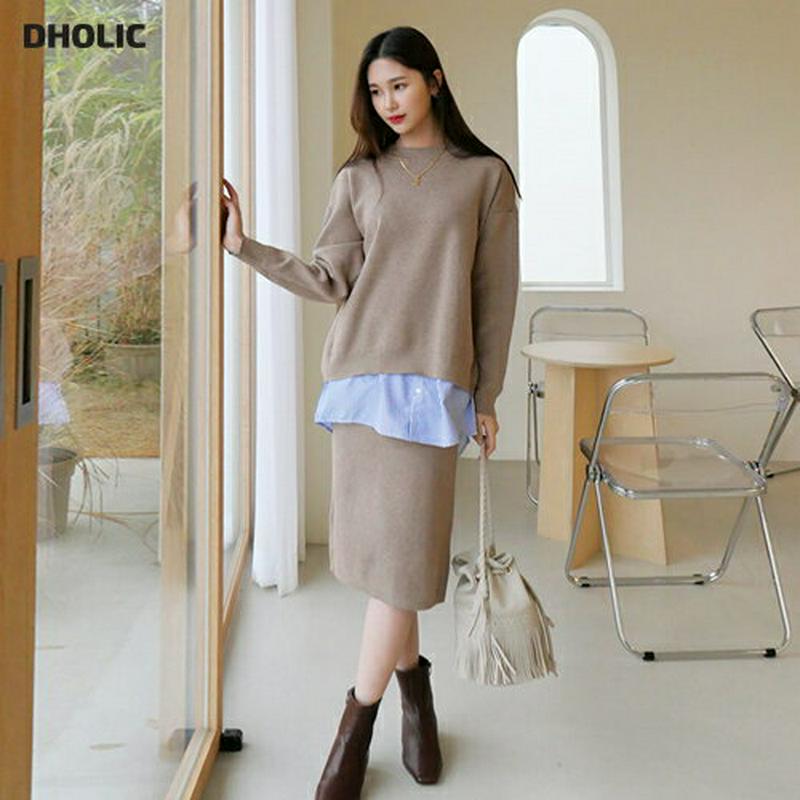 ストライプレイヤードニット&スカートSET・全2色・e56298 レディース 【ops】 韓国 ファッション セットアップ ニット ラウンドネック 長袖 ルーズ ゆったり スカート ミディ ミドル 膝丈 Hライン タイトスカート 無地 ハイゲージ カジュアル 秋 冬