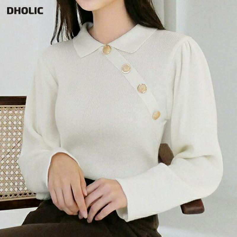 【新作10%OFF】ダイアゴナルボタンカラーニット・全3色・b56305 レディース 【tops】【韓国 ファッション トップス ニット カラー 襟 長袖 スリム 細身 無地 上品 フェミニン 大人 カジュアル 秋 冬】