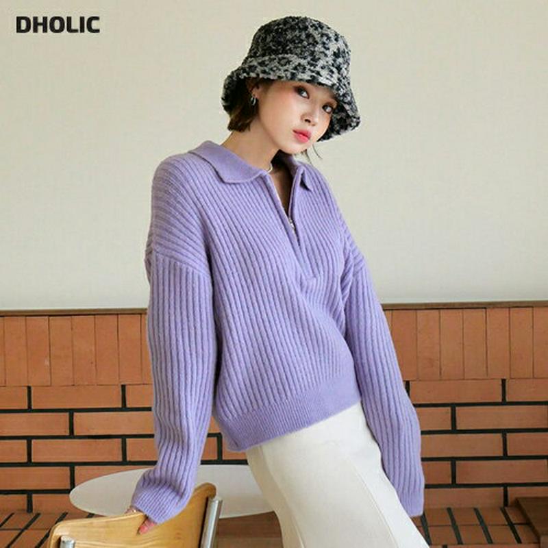 【新作10%OFF】ハーフジップカラーニット・全3色・t56304 レディース 【tops】【韓国 ファッション トップス ニット カラー 襟 長袖 リブニット 細身 無地 ルーズ ゆったり ドロップショルダー ロングスリーブ カジュアル 秋 冬】
