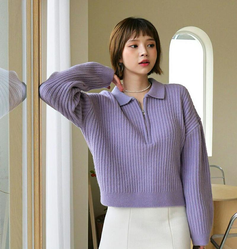 【新作10%OFF】ハーフジップカラーニット・全3色・t56304 レディース 【tops】【韓国 ファッション トップス ニット カラー 襟 長袖 リブニット 細身 無地 ルーズ ゆったり ドロップショルダー ロングスリーブ カジュアル 秋 冬】