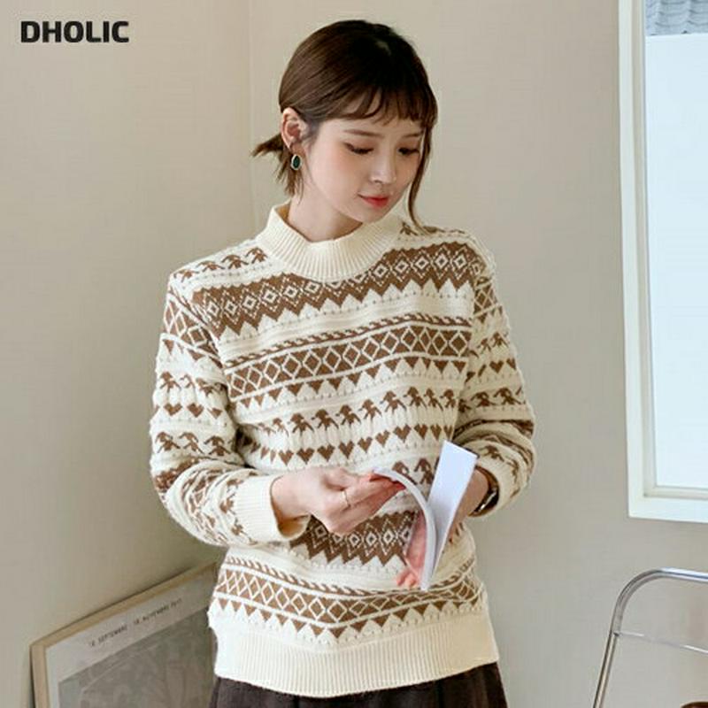【新作10%OFF】ノルディックパターンニット・全4色・b56302 レディース 【tops】【韓国 ファッション トップス ニット モックネック ハーフネック 長袖 ロングスリーブ ルーズ ゆったり パターン 柄 ノルディック 北欧 クリスマス カジュアル 秋 冬】