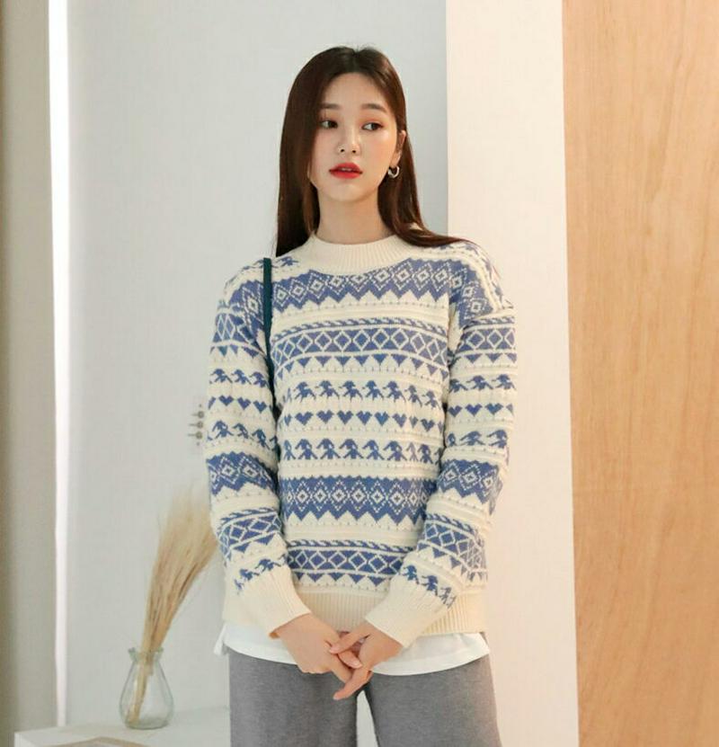 【新作10%OFF】ノルディックパターンニット・全4色・b56302 レディース 【tops】【韓国 ファッション トップス ニット モックネック ハーフネック 長袖 ロングスリーブ ルーズ ゆったり パターン 柄 ノルディック 北欧 クリスマス カジュアル 秋 冬】