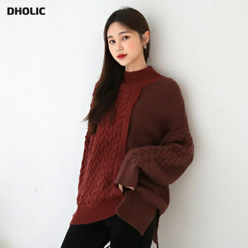 【新作10%OFF】配色ケーブルニット・全2色・e56297 レディース 【tops】【韓国 ファッション トップス ニット モックネック ハーフネック 長袖 ロングスリーブ ルーズ ゆったり パターン 体型カバー ユニーク カジュアル 秋 冬】