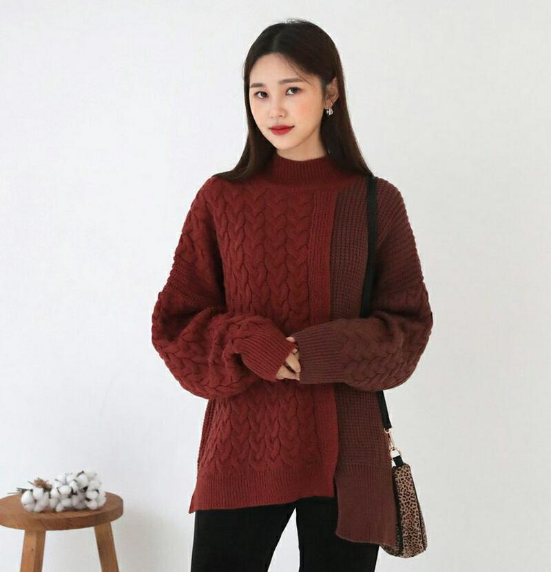【新作10%OFF】配色ケーブルニット・全2色・e56297 レディース 【tops】【韓国 ファッション トップス ニット モックネック ハーフネック 長袖 ロングスリーブ ルーズ ゆったり パターン 体型カバー ユニーク カジュアル 秋 冬】