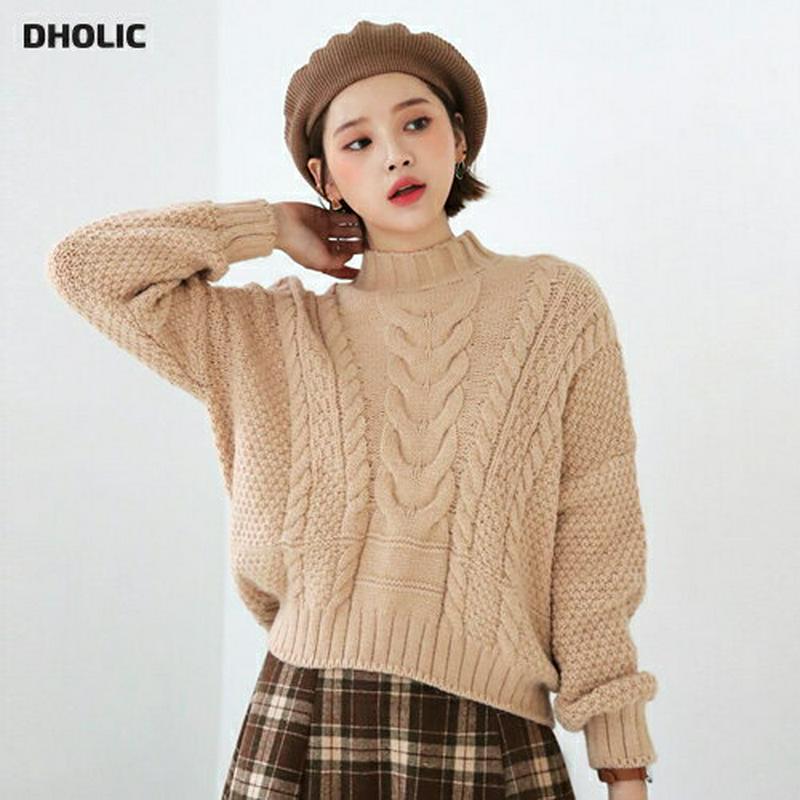 【只今10%OFF】クロップドケーブルニット・全3色・e56296 レディース 【tops】【韓国 ファッション トップス ニット モックネック ハーフネック 長袖 ルーズ ゆったり ツイストニット カジュアル 秋 冬】【TW】