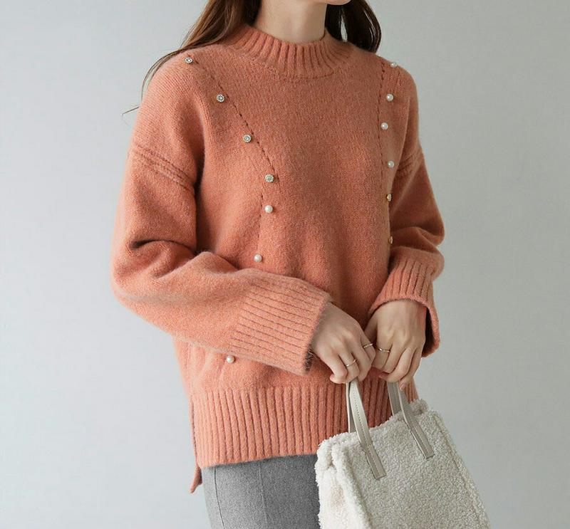 【新作10%OFF】キュービックパールニット・全3色・t65325 レディース 【tops】【トップス ニット ニットトップス キュービック パール 長袖 ハーフネック パンチング アンバランス カジュアル 秋 冬 韓国 ファッション】【ハイホリHIHOLLI】