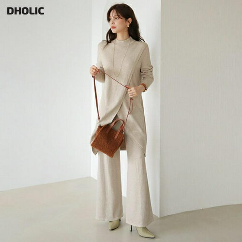 スリットニット&パンツSET・全2色・b65326 レディース 【pt】【セットアップ setup ニット ニットアップ トップス 長袖 パンツ ズボン スリット 単色 無地 シンプル ハーフネック 体型カバー カジュアル 秋 冬 韓国 ファッション】【ハイホリHIHOLLI】