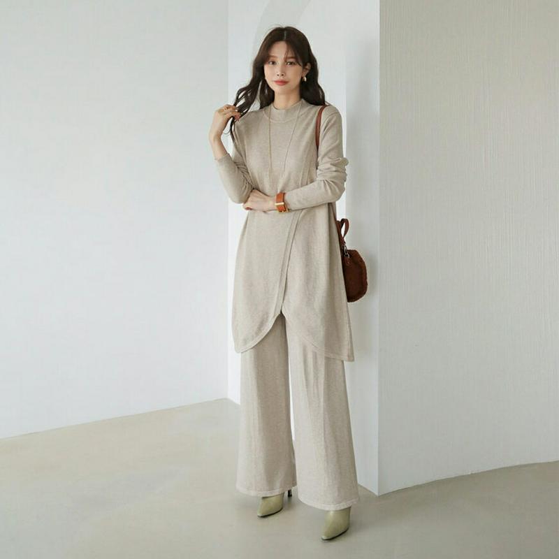 スリットニット&パンツSET・全2色・b65326 レディース 【pt】【セットアップ setup ニット ニットアップ トップス 長袖 パンツ ズボン スリット 単色 無地 シンプル ハーフネック 体型カバー カジュアル 秋 冬 韓国 ファッション】【ハイホリHIHOLLI】
