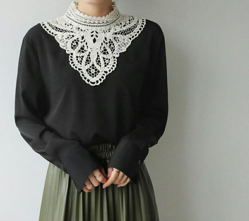 【新作10%OFF】ネックレースブラウス・全2色・b65338 レディース 【bl】【トップス ブラウス 長袖 レース 襟コンシャス モダン ハーフネック 雰囲気 上品 秋 冬 韓国 ファッション】【ハイホリHIHOLLI】