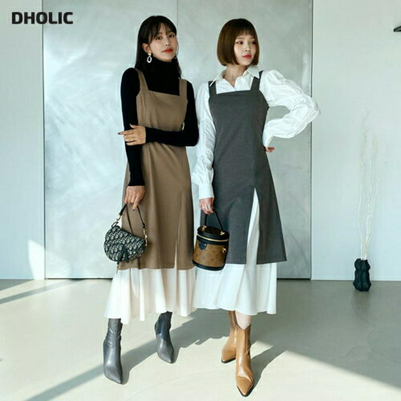 配色ヘムワンピース・全2色・b61885 レディース 【ops】【韓国 ファッション ワンピース ロング フレア Aライン スリム 細身 ノースリーブ スリーブレス スクエアネック レイヤード調 レイヤード風 カジュアル 秋 冬】