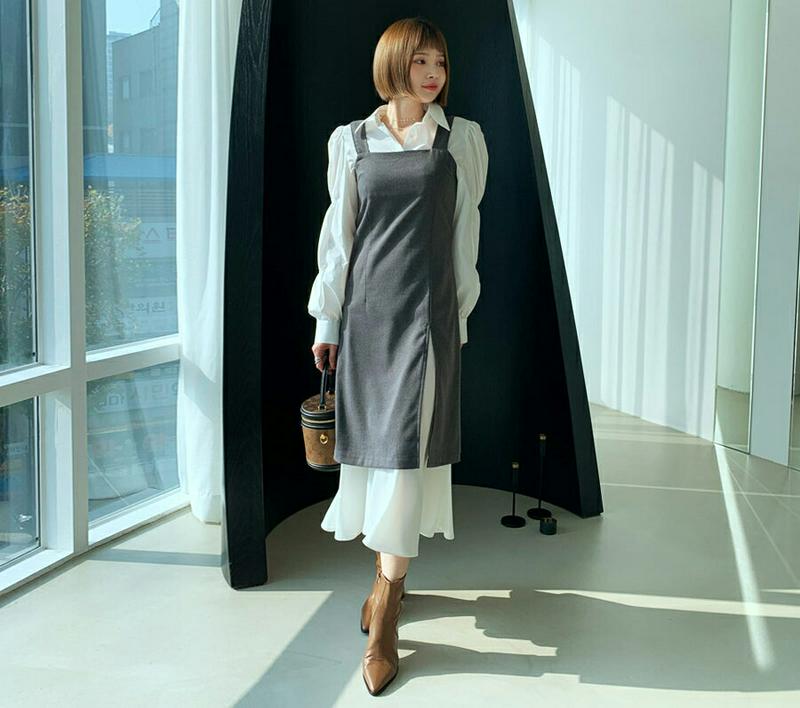 配色ヘムワンピース・全2色・b61885 レディース 【ops】【韓国 ファッション ワンピース ロング フレア Aライン スリム 細身 ノースリーブ スリーブレス スクエアネック レイヤード調 レイヤード風 カジュアル 秋 冬】