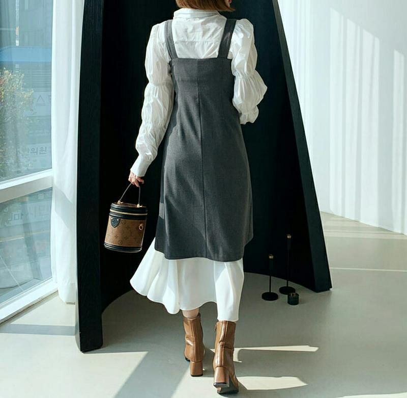 配色ヘムワンピース・全2色・b61885 レディース 【ops】【韓国 ファッション ワンピース ロング フレア Aライン スリム 細身 ノースリーブ スリーブレス スクエアネック レイヤード調 レイヤード風 カジュアル 秋 冬】