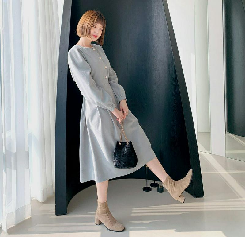 パールボタンワンピース・全3色・t61883 レディース 【ops】【韓国 ファッション ワンピース ロング フレア Aライン スリム 細身 パフスリーブ ぼわん袖 ボリュームスリーブ 長袖 無地 シンプル カジュアル 秋 冬】