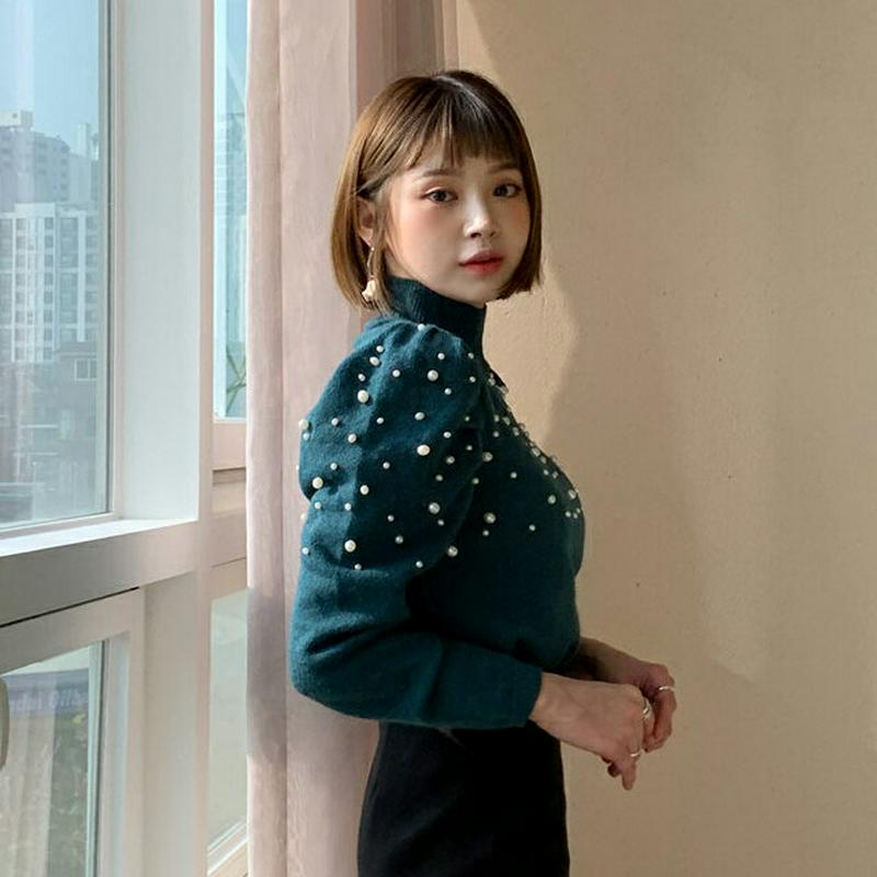ハイネックパールニット・全3色・b61877 レディース 【tops】【韓国 ファッション トップス ニット パフスリーブ 長袖 パワーショルダー パール 上品 大人 体型カバー エレガント カジュアル 秋 冬】