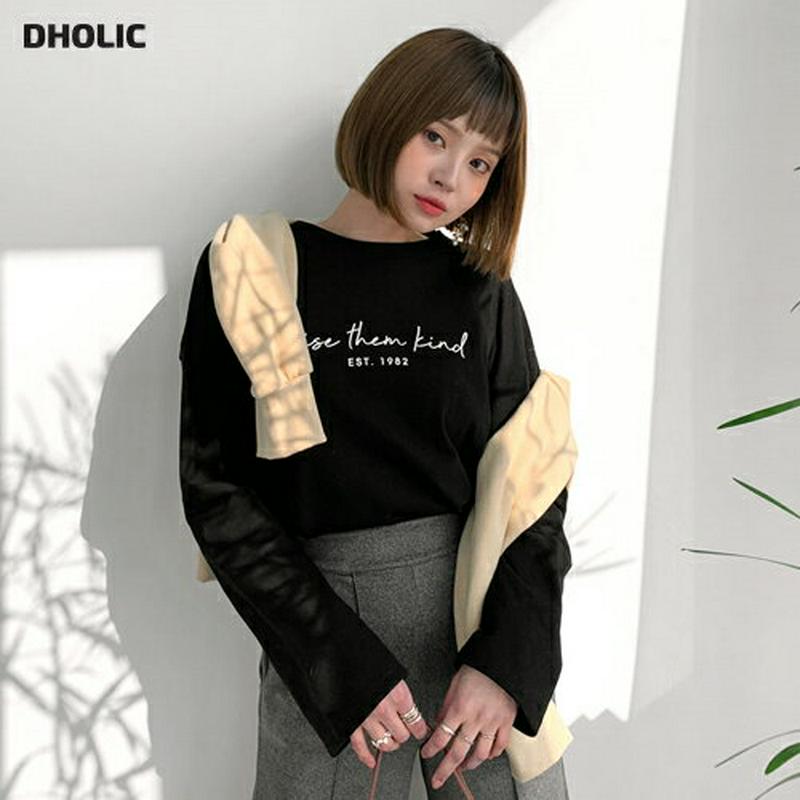 スリットレタリングTシャツ・全3色・t61872 レディース 【tops】【韓国 ファッション トップス Tシャツ カットソー ラウンドネック 長袖 ロングスリーブ ルーズ ゆったり ドロップショルダー オーバーサイズ ロゴ 英字 カジュアル 秋 冬】