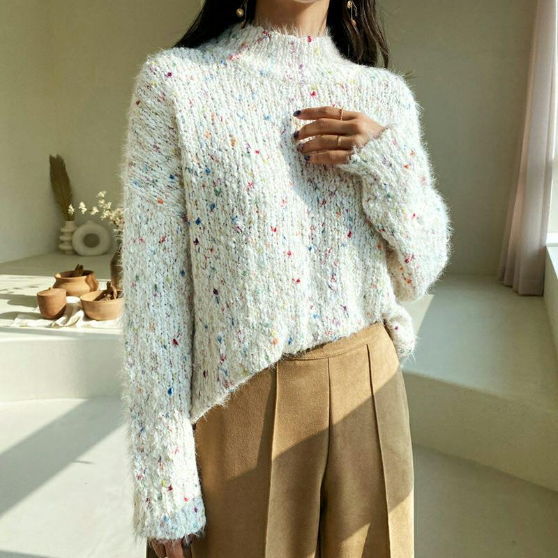 【只今10%OFF】カラーミックスニット・全3色・b61880 レディース 【tops】【韓国 ファッション トップス ニット モックネック ハーフネック 長袖 ブークレ シャギー フワフワ ビンテージ レトロ ルーズ ゆったり カジュアル 秋 冬】