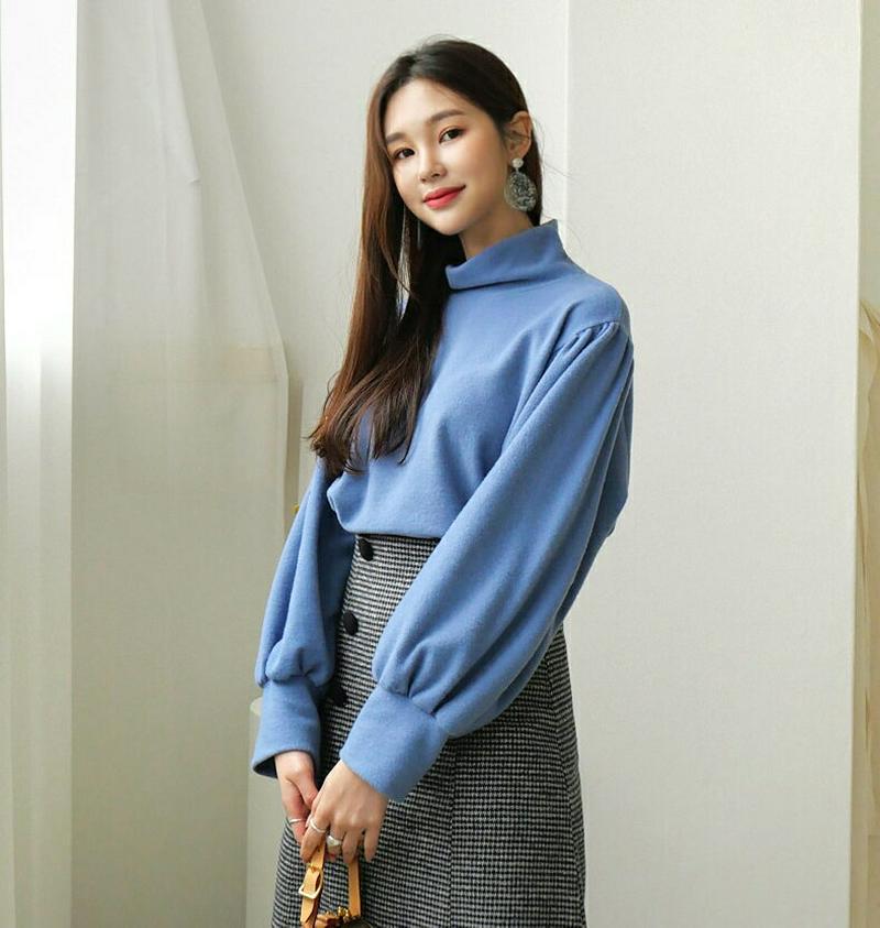 起毛ハイネックパフTシャツ・全3色・t64527 レディース 【tops】【韓国 ファッション トップス Tシャツ カットソー ハーフネック モックネック 長袖 パフスリーブ ボリューム袖 ぼわん袖 ルーズ ゆったり ソフト やわらかい 無地 カジュアル 秋 冬】