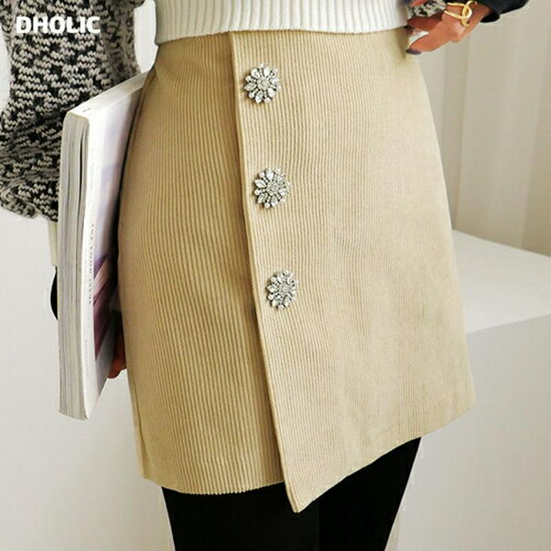 ビジューコーデュロイミニスカート・全2色・t64553 レディース 【sk】【韓国 ファッション ボトムス スカート ミニ ショート 台型 Hライン ラップ ビジュー キュービックボタン 無地 スリム 細身 カジュアル 秋 冬】