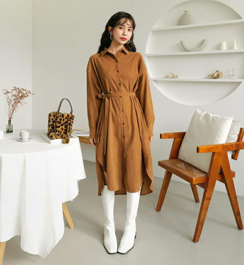 ストラップSETシャツワンピース・全3色・t64561 レディース 【ops】【韓国 ファッション ワンピース ロング シャツ カラー 襟 ボタン 前開 長袖 Hライン フレア Aライン ルーズ ゆったり 無地 サイドスリット ロングシャツ 体型カバー カジュアル 秋 冬】