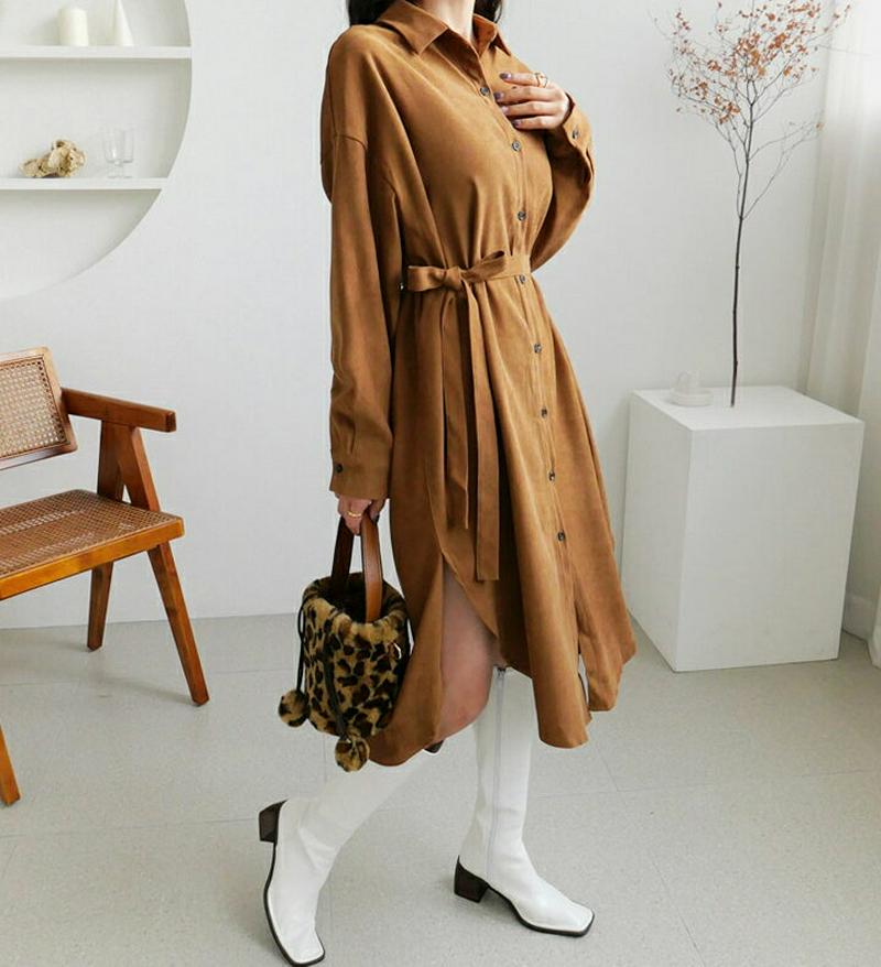 ストラップSETシャツワンピース・全3色・t64561 レディース 【ops】【韓国 ファッション ワンピース ロング シャツ カラー 襟 ボタン 前開 長袖 Hライン フレア Aライン ルーズ ゆったり 無地 サイドスリット ロングシャツ 体型カバー カジュアル 秋 冬】