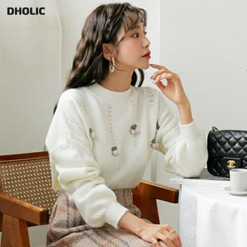 チェリーモチーフニット・全3色・b64539 レディース 【tops】【韓国 ファッション トップス ニット ラウンドネック 長袖 パフスリーブ ぼわん袖 ボリューム袖 モチーフ ポンポン ガーリー カジュアル 秋 冬】