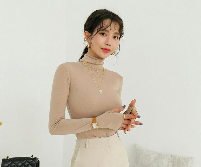 【マラソン特価】フィンガーホールハイネックTシャツ・全6色・t64526 レディース 【tops】【韓国 ファッション トップス Tシャツ ハーフネック モックネック 無地 長袖 スリム 細身 タイト デイリー レイヤード カジュアル 秋 冬】
