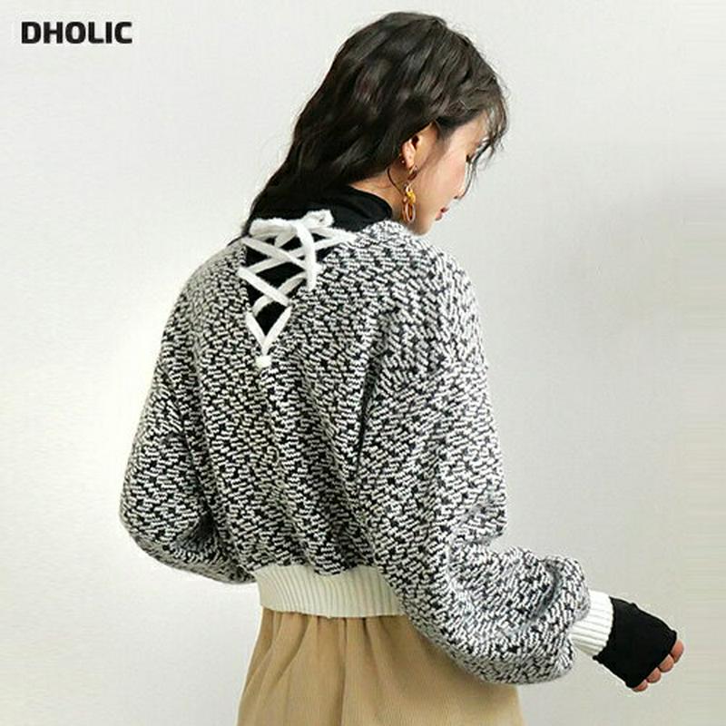 【只今10%OFF】バックレースアップニット・全2色・b64549 レディース 【tops】【韓国 ファッション トップス ニット ラウンドネック 長袖 ルーズ ゆったり パフスリーブ ぼわん袖 ボリューム袖 パターン 柄 クロップド ショート ビンテージ カジュアル 秋 冬】