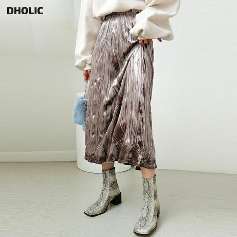 ベロアリンクルスカート・全5色・t64545 レディース 【sk】【韓国 ファッション ボトムス スカート ロング Hライン ウエストゴム リンクル ベルベット 無地 光沢 グロッシー 高級感 高見え 上品 エレガント カジュアル 秋 冬】