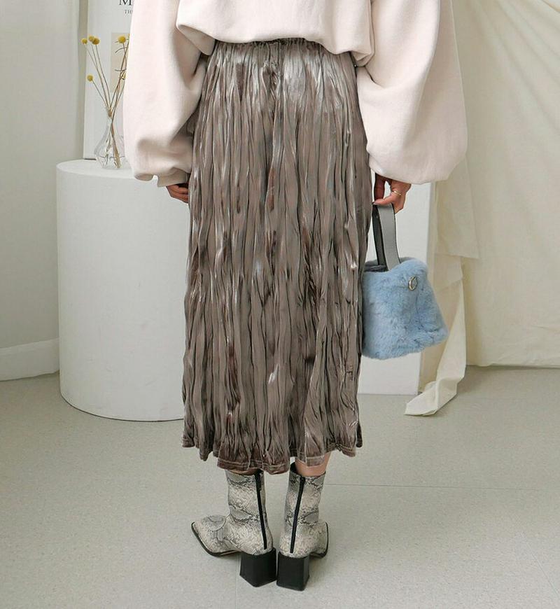 ベロアリンクルスカート・全5色・t64545 レディース 【sk】【韓国 ファッション ボトムス スカート ロング Hライン ウエストゴム リンクル ベルベット 無地 光沢 グロッシー 高級感 高見え 上品 エレガント カジュアル 秋 冬】