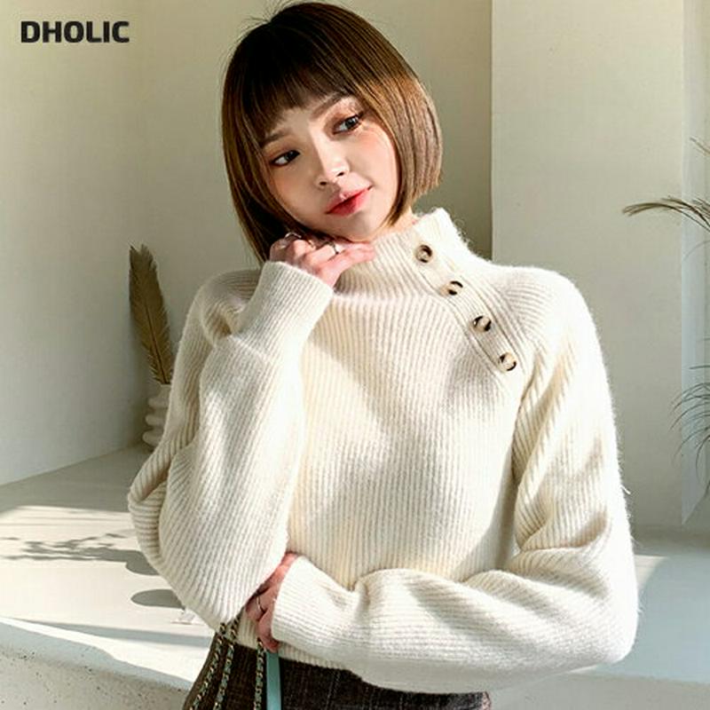 【只今10%OFF】ダイアゴナルボタンニット・全3色・b61879 レディース 【tops】【韓国 ファッション トップス ニット ハーフネック モックネック 長袖 ロングスリーブ ルーズ ゆったり リブニット ハイネック ふわふわ ソフト カジュアル 秋 冬】