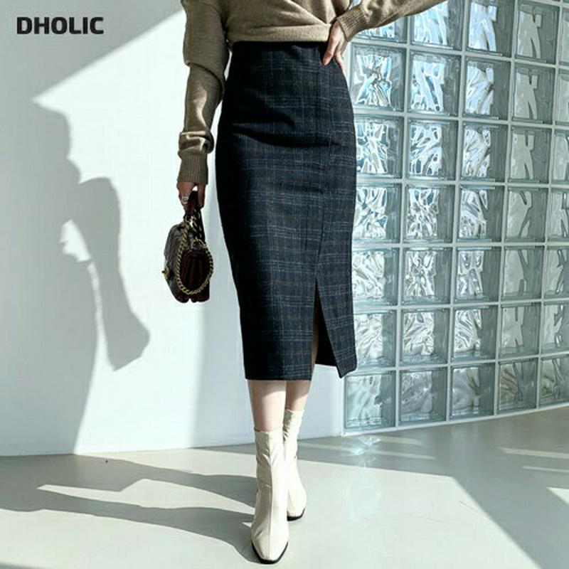 チェックスリットスカート・全2色・b61895 レディース 【sk】【韓国 ファッション ボトムス スカート ロング ミモレスカート フロントスリット タイト スリム 細身 ペンシルスカート グレンチェック ビンテージ レトロ 大人 上品 カジュアル 秋 冬】