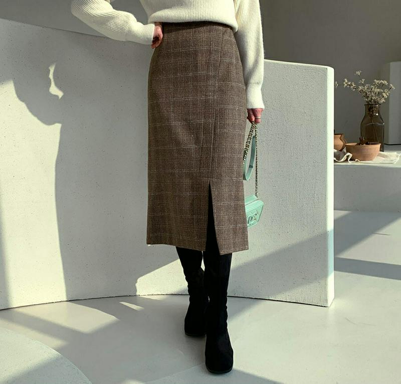 チェックスリットスカート・全2色・b61895 レディース 【sk】【韓国 ファッション ボトムス スカート ロング ミモレスカート フロントスリット タイト スリム 細身 ペンシルスカート グレンチェック ビンテージ レトロ 大人 上品 カジュアル 秋 冬】