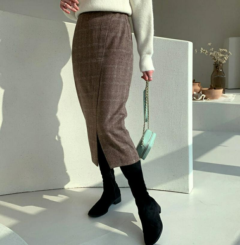 チェックスリットスカート・全2色・b61895 レディース 【sk】【韓国 ファッション ボトムス スカート ロング ミモレスカート フロントスリット タイト スリム 細身 ペンシルスカート グレンチェック ビンテージ レトロ 大人 上品 カジュアル 秋 冬】