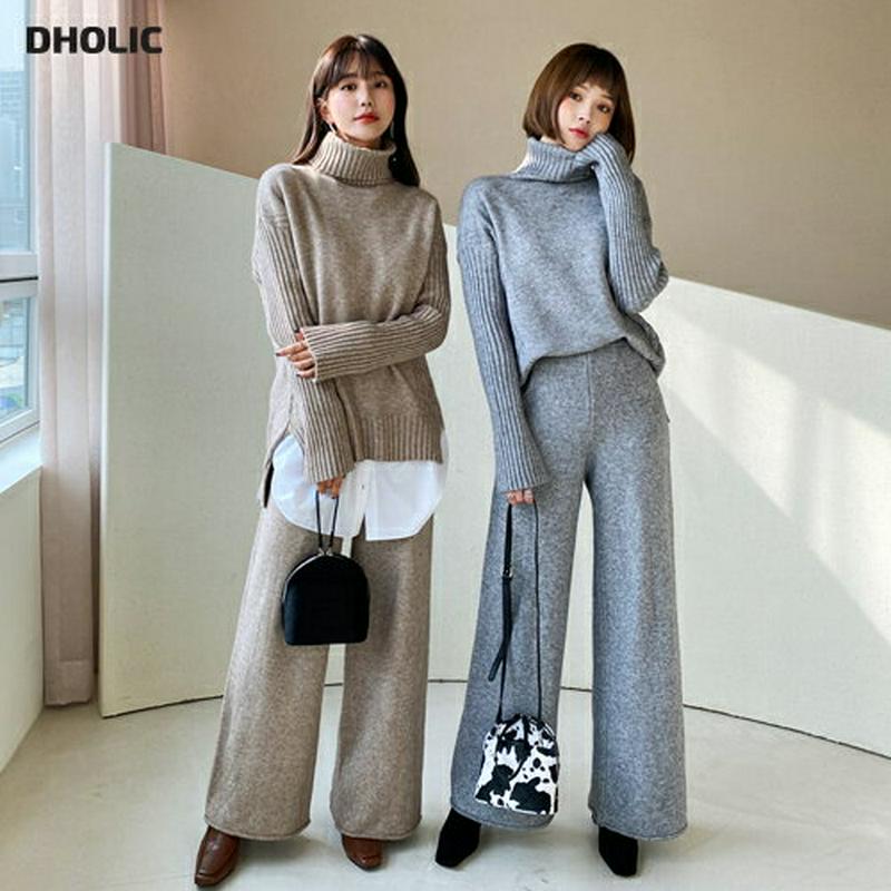 サイドツイストニット&パンツSET・全3色・b61889 レディース 【pt】【韓国 ファッション セットアップ ニット タートルネック ハイネック 長袖 ロングスリーブ ルーズ ゆったり パンツ ワイド ストレート ワンマイルウェア 無地 部屋着 カジュアル 秋 冬】