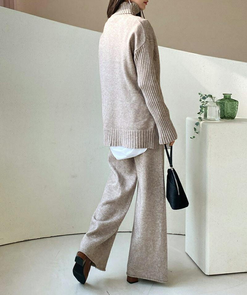 サイドツイストニット&パンツSET・全3色・b61889 レディース 【pt】【韓国 ファッション セットアップ ニット タートルネック ハイネック 長袖 ロングスリーブ ルーズ ゆったり パンツ ワイド ストレート ワンマイルウェア 無地 部屋着 カジュアル 秋 冬】
